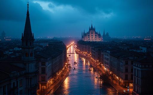 Thumbnail di una scena notturna con skyline di Milano per la serie TV 'Misteri di Milano'.