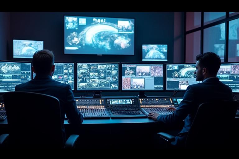 Regia video 4K con mixer video e monitor multipli per una produzione live.