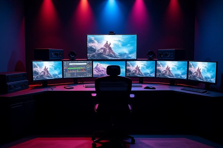 Sala di post-produzione con workstation per color correction DaVinci Resolve.