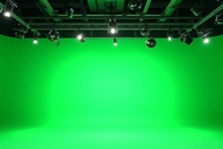 Ampio studio di posa con green screen ciclorama e illuminazione professionale.